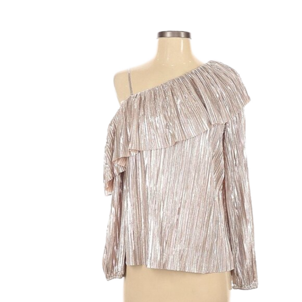 PARKER Tan Shiny One Shoulder Long Sleeve Blouse Party Ruffle Size S